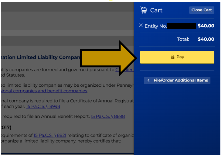 Arrow pointing to the Pay button in the cart in Business Filing Services.