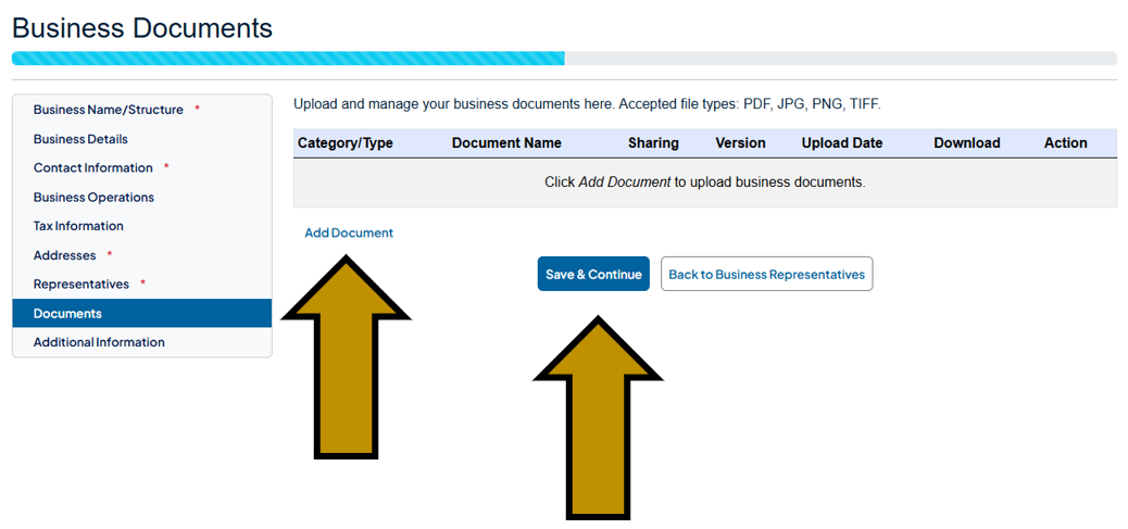 Arrows pointing to the Add Document and the Save and Continue button in the Business Hub's New Business Profile section.
