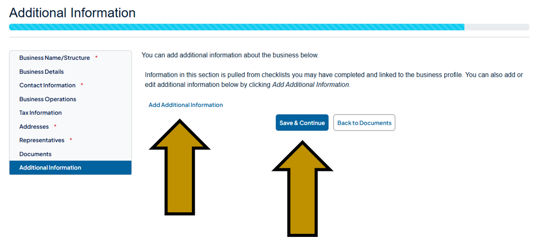 Arrows pointing to the Add Additional Information and Save and Continue buttons under the Additional Information tab in the Business Hub's New Business Profile section.