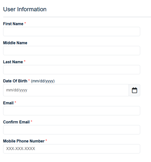 Required user information to register for a username and password in the Business Hub.