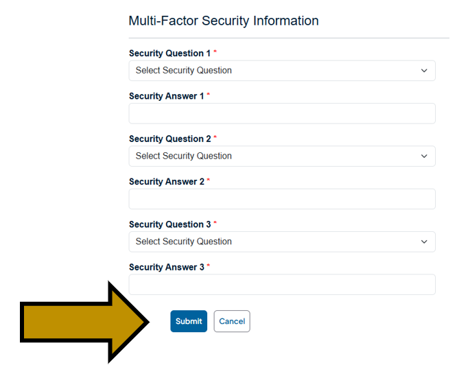 Arrow pointing to the Submit button on the Register button in the Business One-Stop Shop Hub.