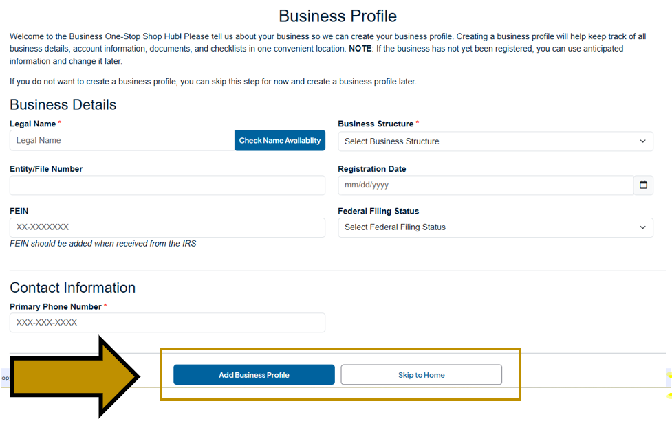 Arrow pointing to the Submit and Skip to Home buttons on the Business Profile screen on the Business One-Stop Shop Hub.