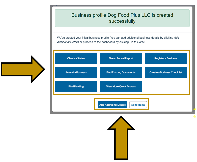 Arrow pointing to the quick action buttons and the add additional details and go to home buttons in the Business One-Stop Shop Hub.