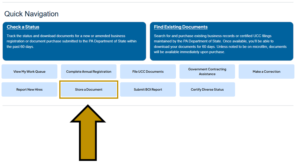 Arrow pointing to the Store a Document button under the Quick Navigation section of the Business One-Stop Shop Hub homepage.