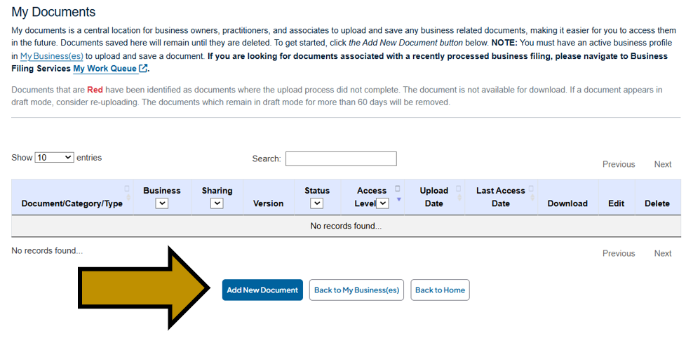 Arrow pointing to the Add New Document button on the My Documents page in the Business One-Stop Shop Hub.