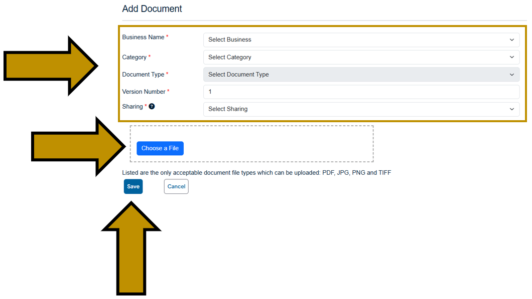 Arrows pointing to the Business Document information dropdown options, the Choose a File link, and the save button in the Store a Document page in the Business One-Stop Shop Hub.