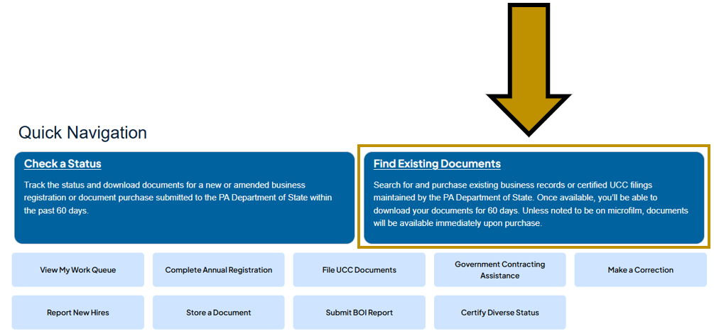 Arrow pointing to the Find Existing Documents panel under My Business(es) on the Business One-Stop Shop Homepage.