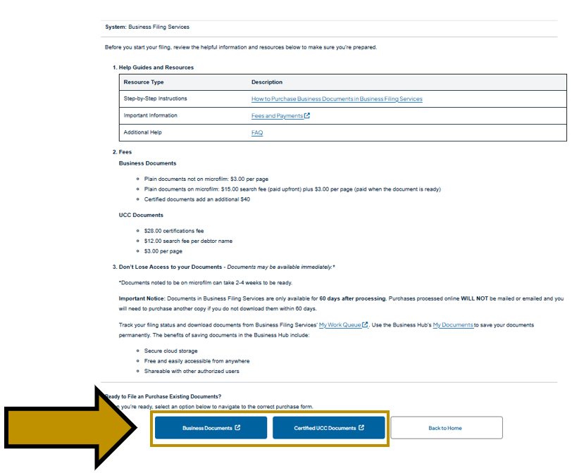 Arrow pointing to the Business Documents and Certified UCC Documents buttons on the Find Existing Documents landing page within the Business One-Stop Shop Hub.  