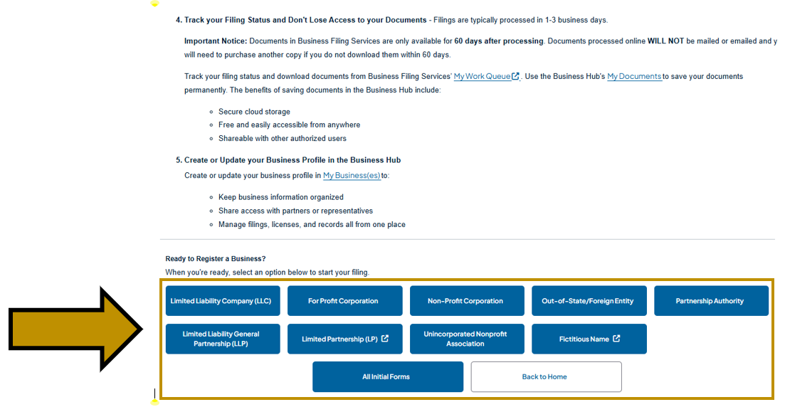 Arrow pointing to the navigation buttons on the Register a Business landing page within the Business One-Stop Shop Hub.  