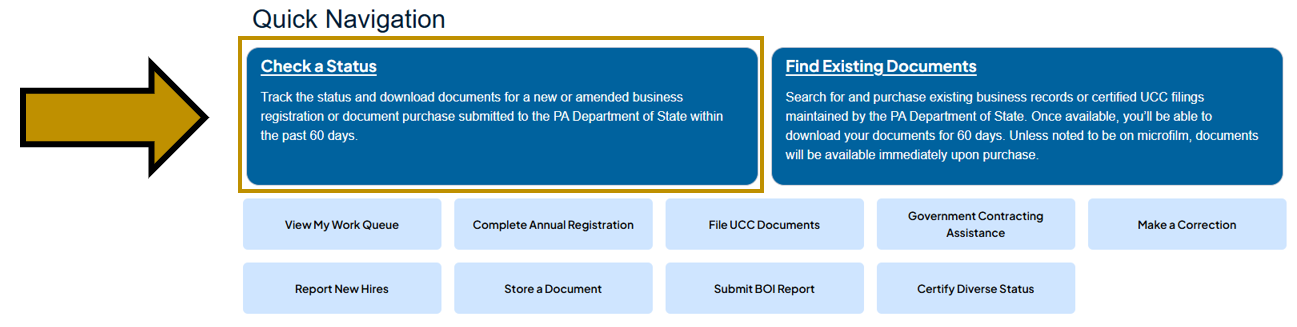 Arrow pointing to the Quick Action button titled Check a Status under Quick Navigation on the Business One-Stop Shop Hub Dashboard.