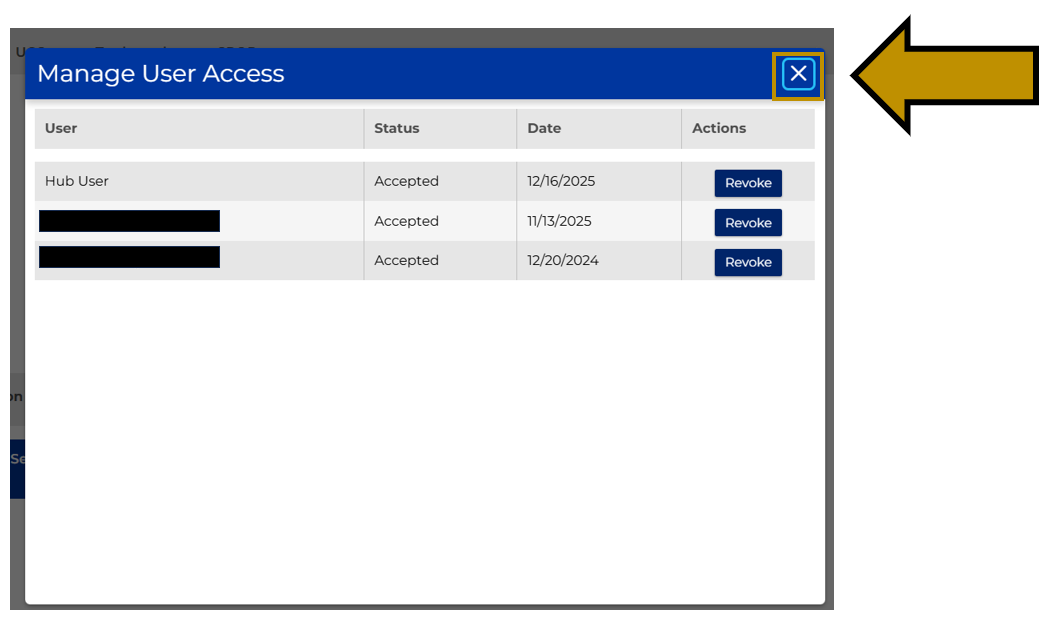 Arrow pointing to the 'X' close button on the manage user access page in Business Filing Services.
