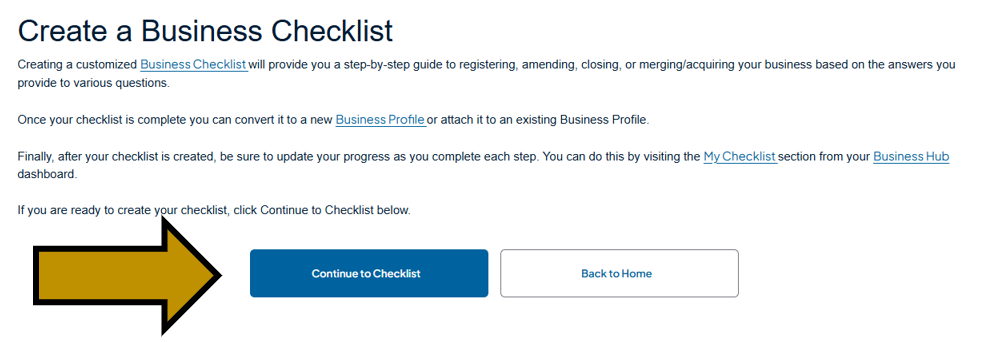 Arrow pointing to Continue to Checklist button on the create a business checklist landing page.