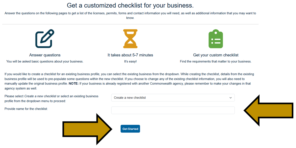 Arrows pointing to the Provide Name for Checklist field and Get Started button in the Business Checklist.&nbsp;