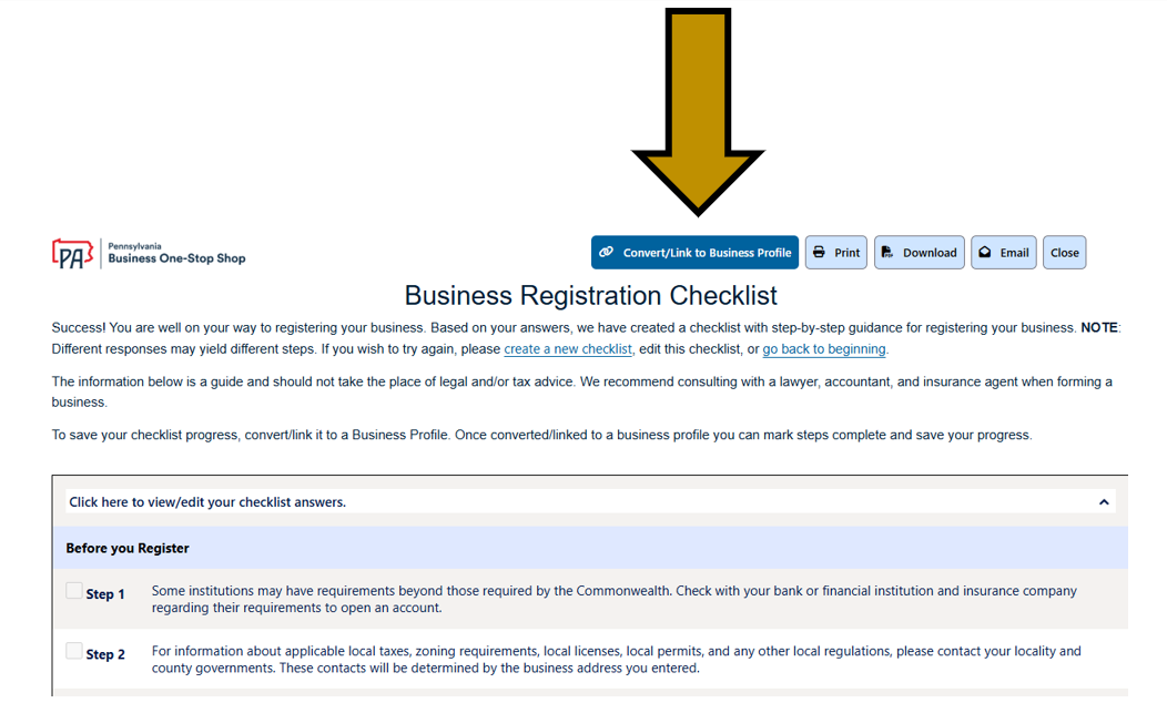 Arrow pointing to the Convert/Link Business Profile button in the generated Business Checklist.&nbsp;