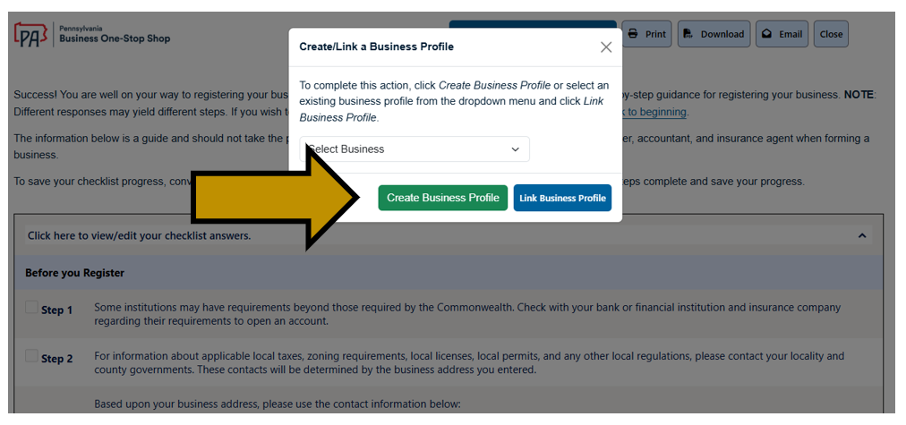 Arrow pointing to the Create Business Profile button in the Business Hub.
