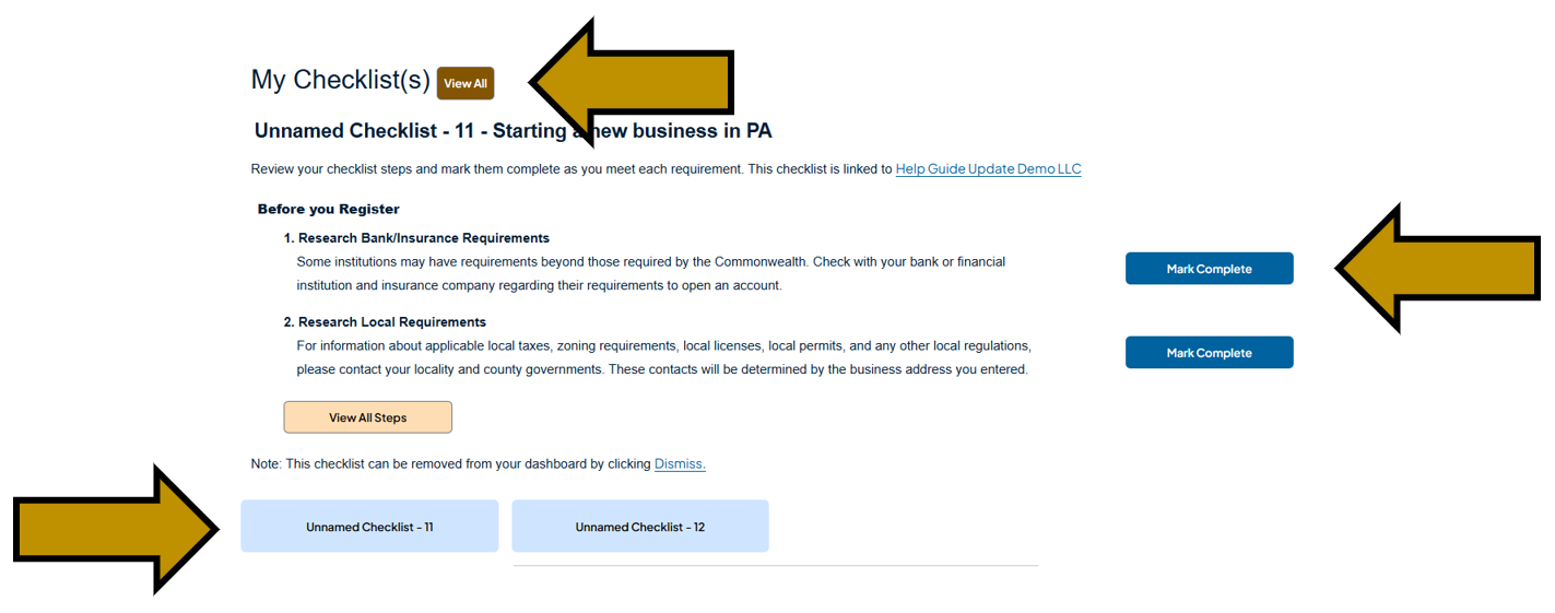 Arrows pointing to the View All button, Mark Complete button, and the buttons to switch checklists under My Checklists on the business hub homepage.