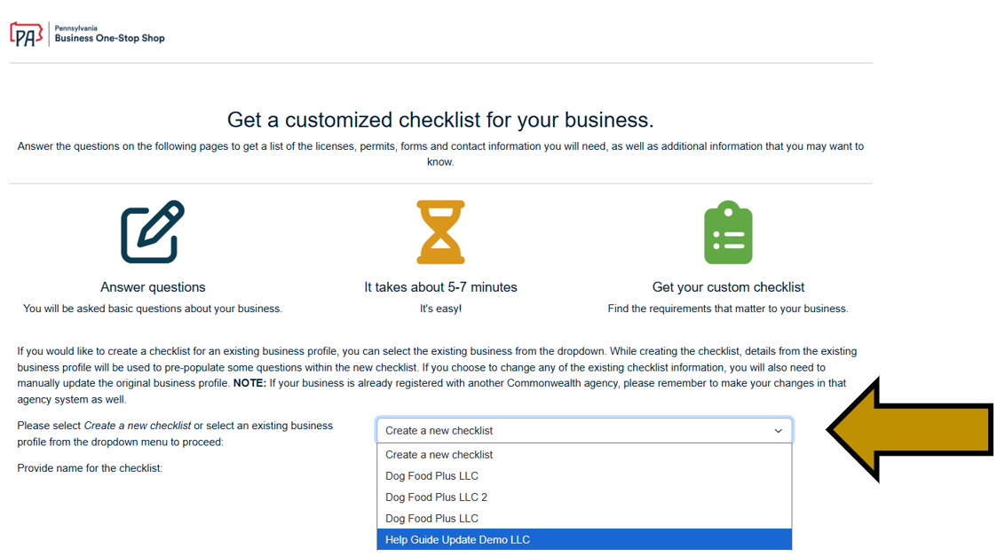 Arrow pointing to the checklist dropdown box to select a business profile.