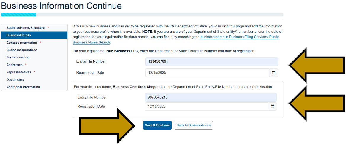 Arrow pointing to the Entity/File Number and Registration Date fields as well as the Save and Continue button on the Business Details continued screen in the Business Hub.