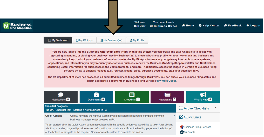 Arrow pointing to the My Business(es) tab in the Business Hub.