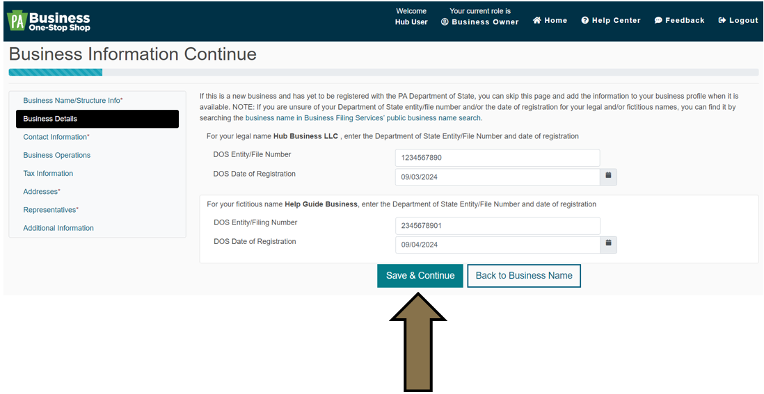 Arrow pointing to the Save and Continue button under the Business Details tab in the Business Hub's New Business Profile section.