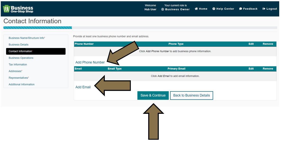 Arrows pointing to the Add Phone Number, Add Email, and Save and Continue buttons under the Contact Information tab in the Business Hub's New Business Profile section.