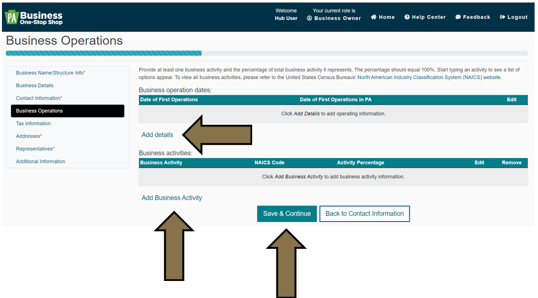 Arrows pointing to the Add Details, Add Business Activity, and Save and Continue buttons under the Business Operations tab in the Business Hub's New Business Profile section.