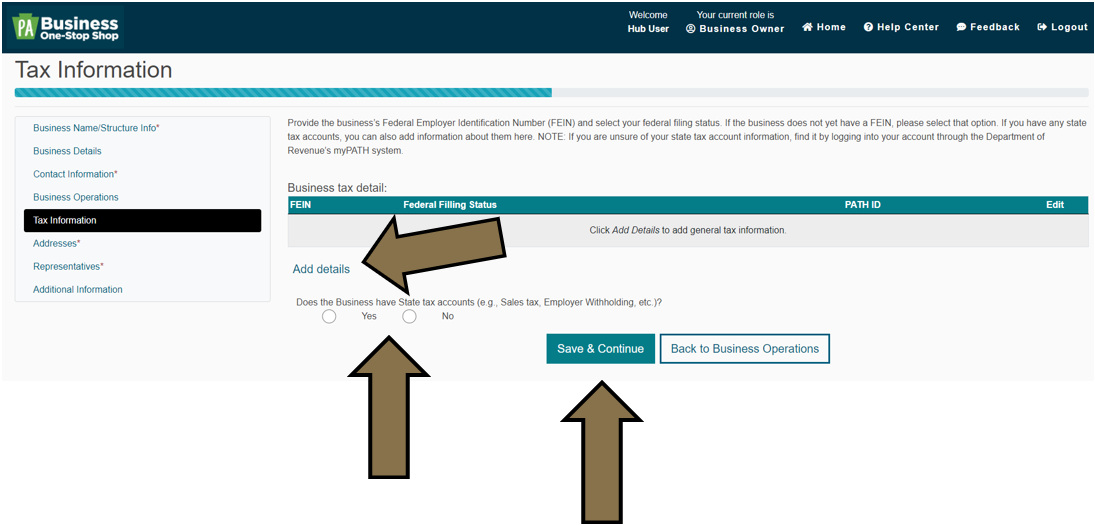 Arrows pointing to the Add Details, Yes/No option, and Save and Continue buttons under the Tax Information tab in the Business Hub's New Business Profile section.