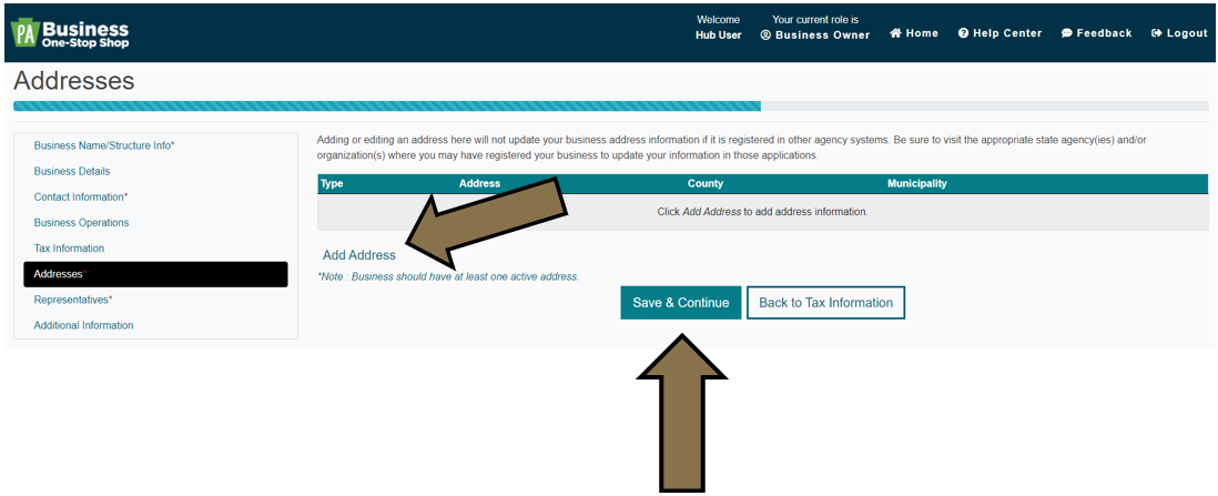 Arrows pointing to the Add Address and Save and Continue buttons under the Addresses tab in the Business Hub's New Business Profile section.