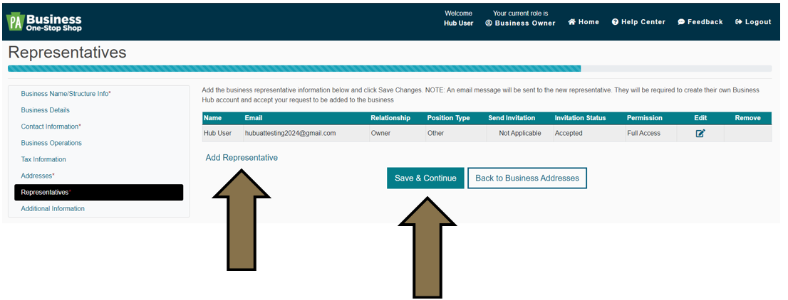 Arrows pointing to the Add Representative and Save and Continue buttons under the Representatives tab in the Business Hub's New Business Profile section.