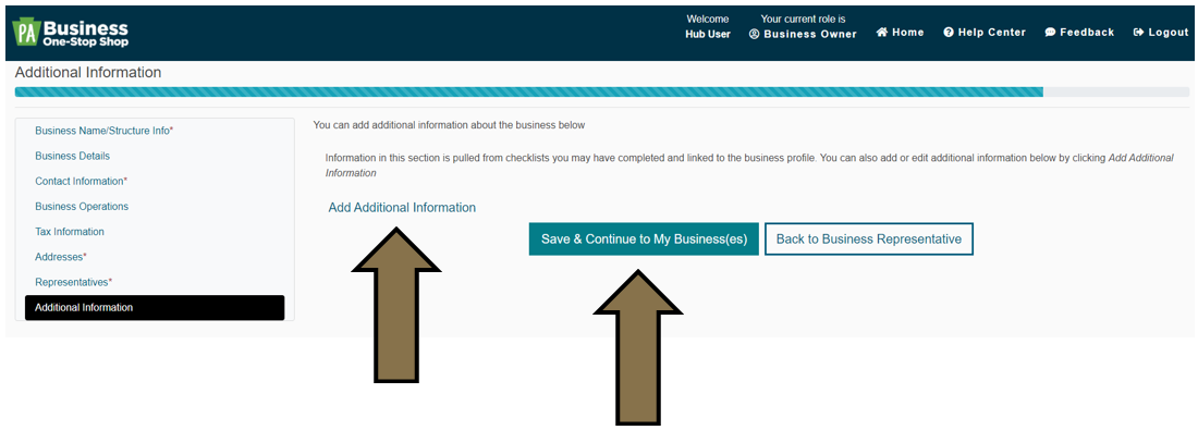 Arrows pointing to the Add Additional Information and Save and Continue to My Business(es) buttons under the Additional Information tab in the Business Hub's New Business Profile section.