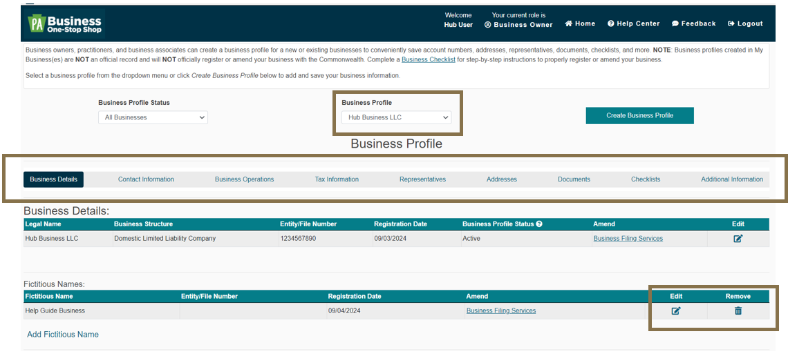 Boxes highlighting the Business Profile option, the Business Profile menu bar, and the Edit and Remove options in the Business Hub's Active Business Profile section.